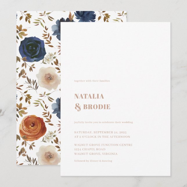 Bohemian Blue Tan and Floral Wedding Invitation (Front/Back)