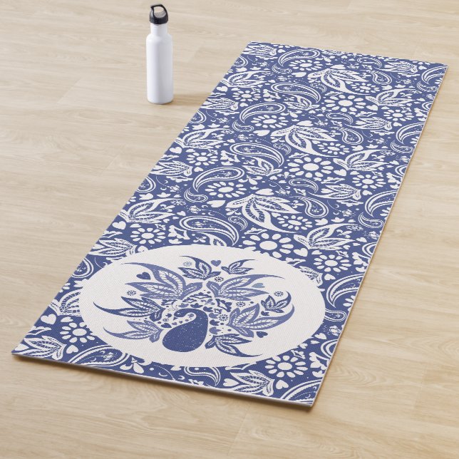 Bohemian Blue White Peacock Decorative Yoga Mat (In Situ)