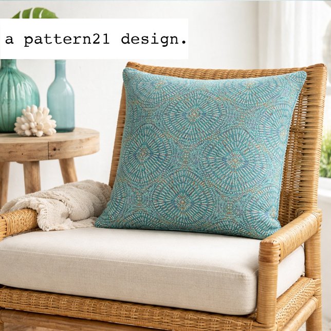 Bohemian blues pattern throw pillow (Teal mandala pillow brings relaxed island boho style to bright coastal living spaces.)