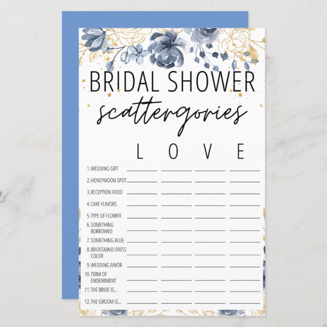 Bohemian Blush Bridal Shower Scattergories Game  (Front/Back)
