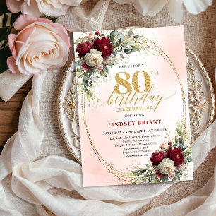 Bohemian Blush Burgundy Flowers 80th Birthday  Invitation