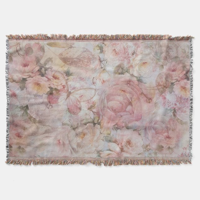 Bohemian blush pink collage floral typography throw blanket (Front)