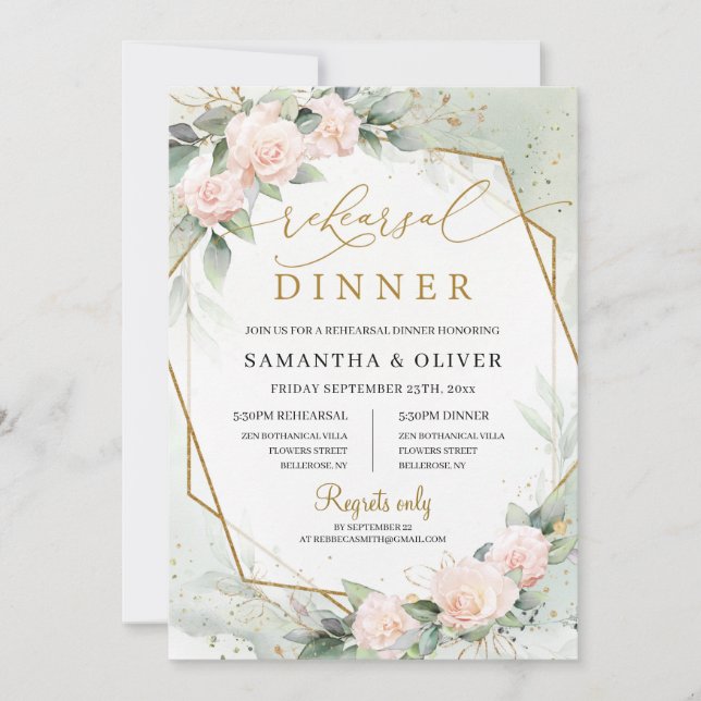 Bohemian Blush Pink Floral Greenery Gold Wedding Invitation (Front)