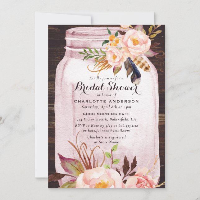 Bohemian Blush Pink Mason Jar Floral Bridal Shower Invitation (Front)