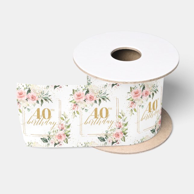Bohemian Blush roses eucalyptus gold 40th birthday Satin Ribbon (Spool)