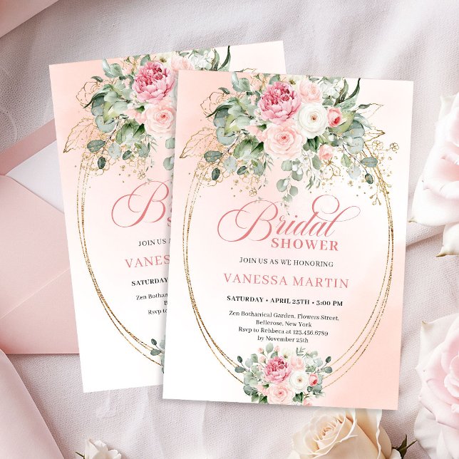 Bohemian Blush Roses Eucalyptus Gold Bridal Shower Invitation (Bohemian Blush Roses Eucalyptus Bridal Shower Invitation)