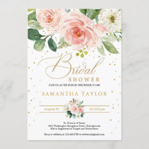 Bohemian boho blush pink floral and gold bridal invitation