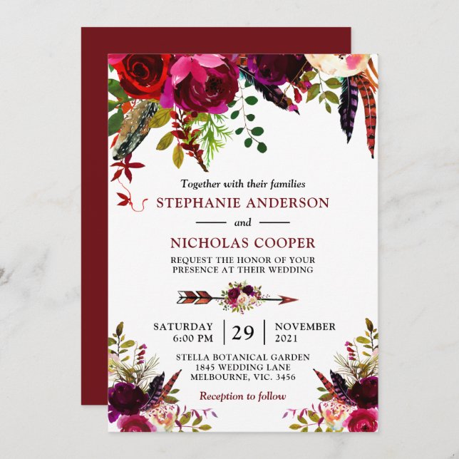 Bohemian boho bordo floral invitation (Front/Back)