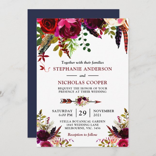 Bohemian boho bordo floral invitation (Front/Back)
