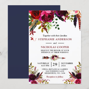 Bohemian boho bordo floral invitation