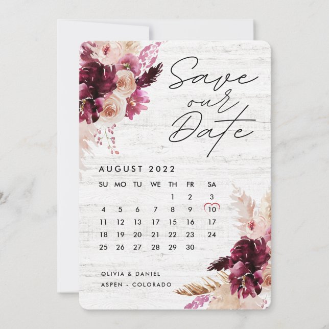 Bohemian Boho Burgundy Red Calendar Save The Date Invitation (Front)