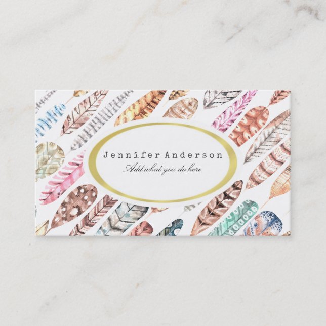 Bohemian Boho Colourful Watercolor Feathers Business Card (Front)