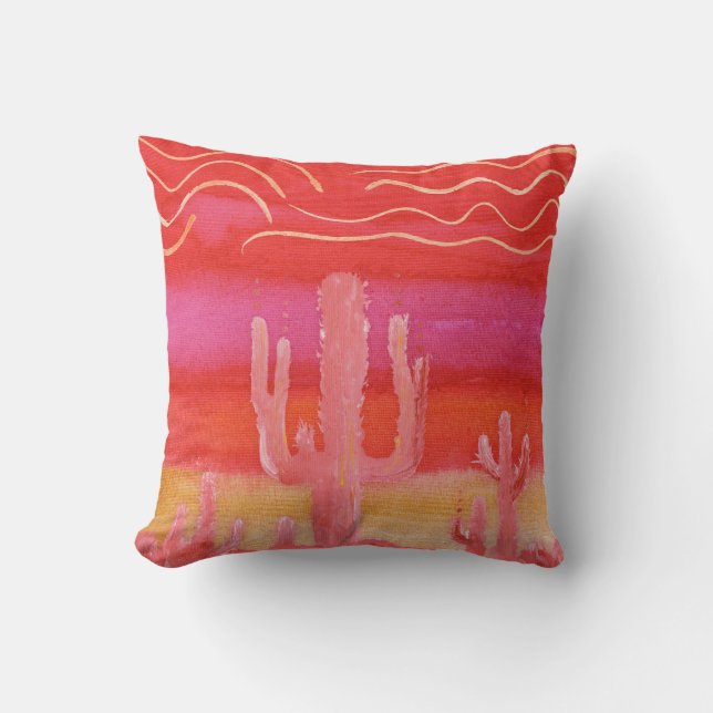 Bohemian BOHO Desert Saguaro Cactus Watercolor Throw Pillow (Front)