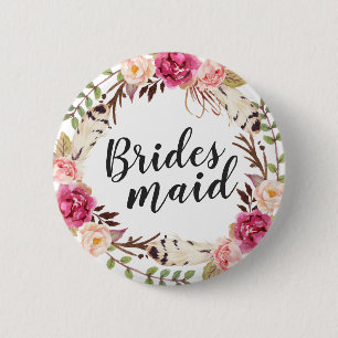 Bohemian Boho Floral Wreath Calligraphy Bridesmaid 2 Inch Round Button