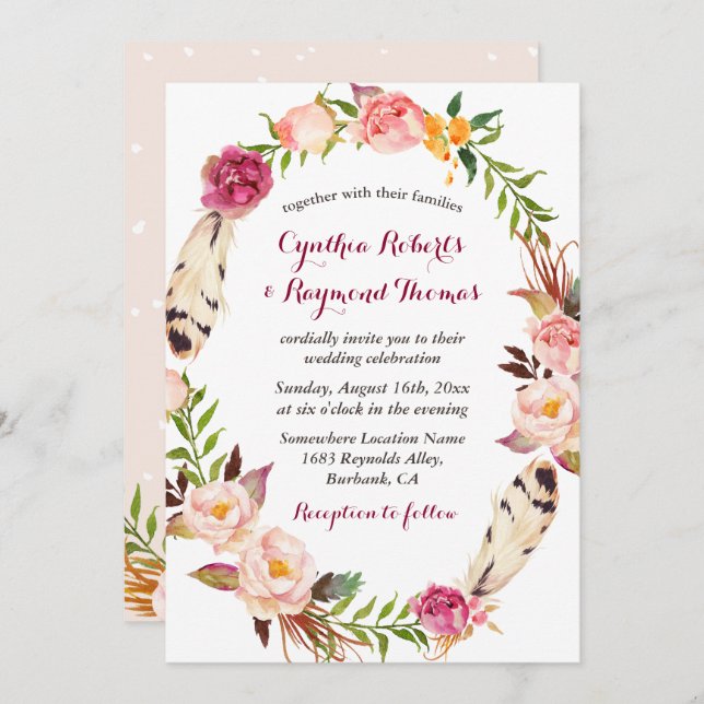 Bohemian Boho Floral Wreath Wedding Invitation (Front/Back)