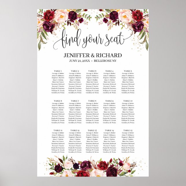 Bohemian boho marsala pink floral seating chart (Front)