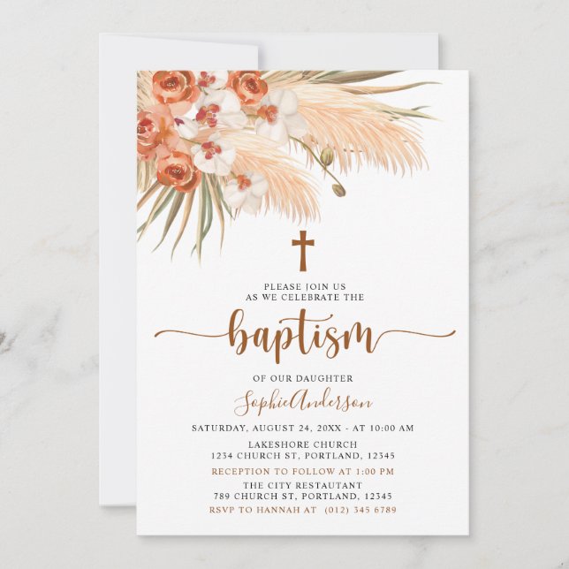 Bohemian boho Pampas Grass Baptism Invitation (Front)