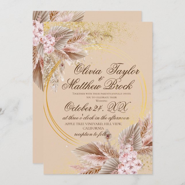 Bohemian Boho Pampas Grass Flowers  Wedding  Invitation (Front/Back)