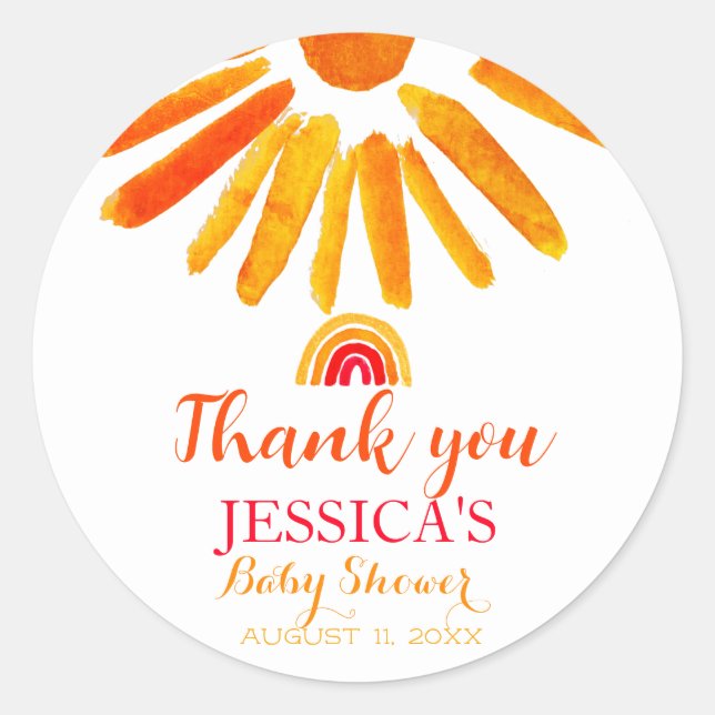 Bohemian Boho Rainbow Sun Baby Shower Orange Cute Classic Round Sticker (Front)
