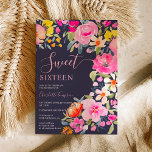 Bohemian bold floral watercolor pink Sweet 16 Invitation<br><div class="desc">Bohemian bold floral watercolor Sweet 16 birthday invitation featuring hand painted bright blooms pink,  orange,  yellow flowers and greenery eucalyptus leaves and indigo foliage with a modern script brush font on dark navy blue. Perfect bridal invite for Spring and summer,  for garden party theme and outdoors.</div>