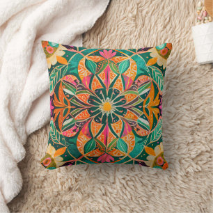 Bohemian Botanical Vibrant Artistic Throw Pillow