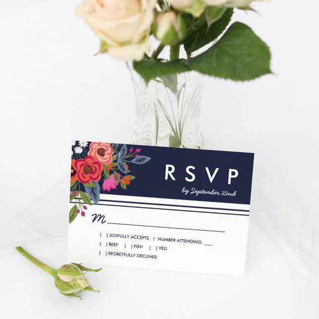 Bohemian Bouquet - Navy Blue & Coral Wedding RSVP Card (Creator Uploaded)