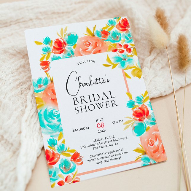 Bohemian bright orange blue floral bridal shower invitation (Bohemian bright orange blue floral bridal shower invitation)