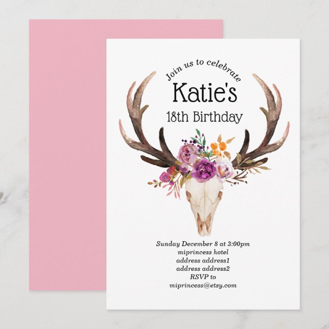 bohemian, bull skull, antler, birthday invitation (Front/Back)