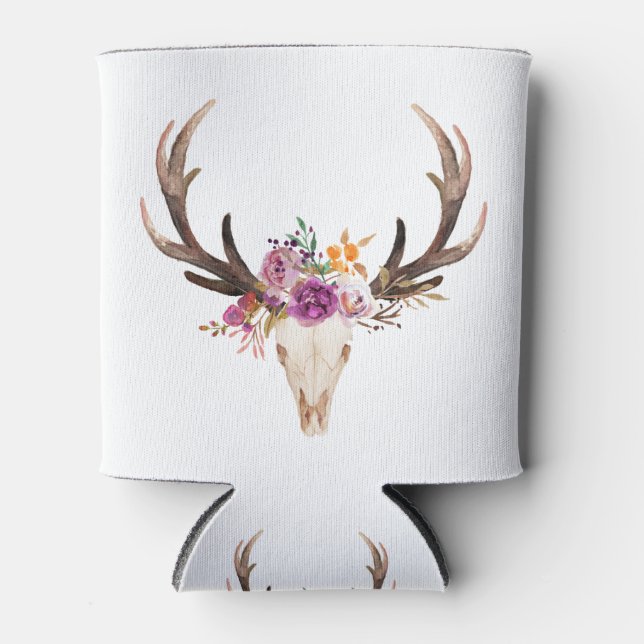 bohemian, bull skull, antler, boho floral can cooler (Front)