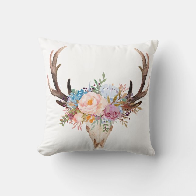 bohemian, bull skull, antler, boho floral throw pillow (Front)