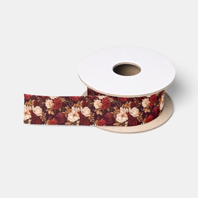 Bohemian burgundy beige flowers satin ribbon (Spool)