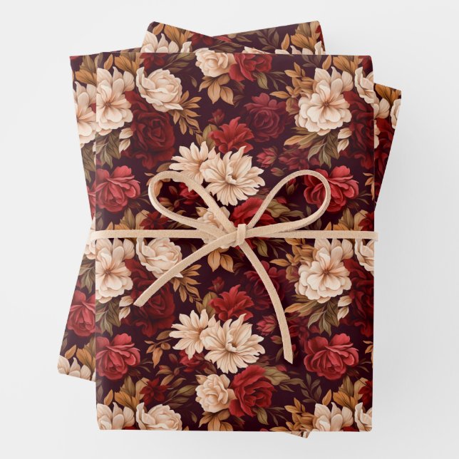 Bohemian burgundy beige flowers wrapping paper sheet (In situ)