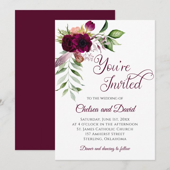 Bohemian Burgundy Feather Wedding | Announcement (Front/Back)