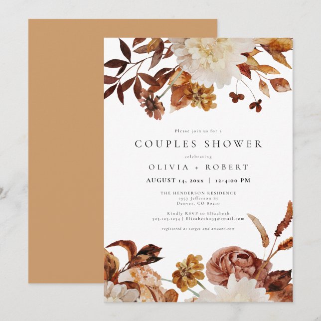Bohemian Burnt Orange Fall Floral Couples Shower Invitation (Front/Back)