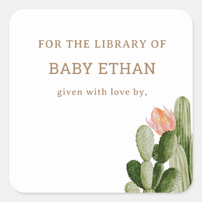 Bohemian Cactus Baby Shower Book Library Square Sticker (Front)