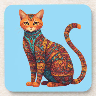Bohemian Cat Art Colourful Tribal Cat Coaster