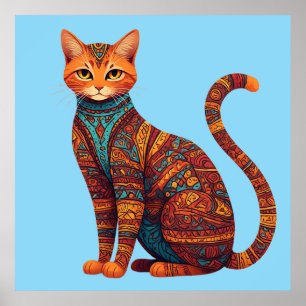Bohemian Cat Art Colourful Tribal Cat Poster
