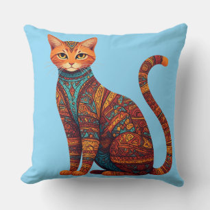 Bohemian Cat Art Colourful Tribal Cat Throw Pillow