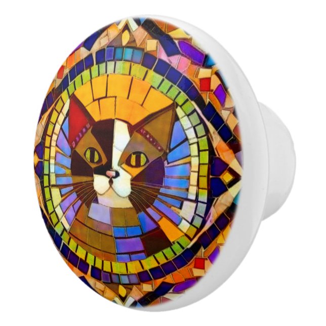 Bohemian Cat - Vintage Style Colourful Mosaic Ceramic Knob (Right)