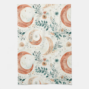 Bohemian Celestial Crescent Moon Botanical Kitchen Towel