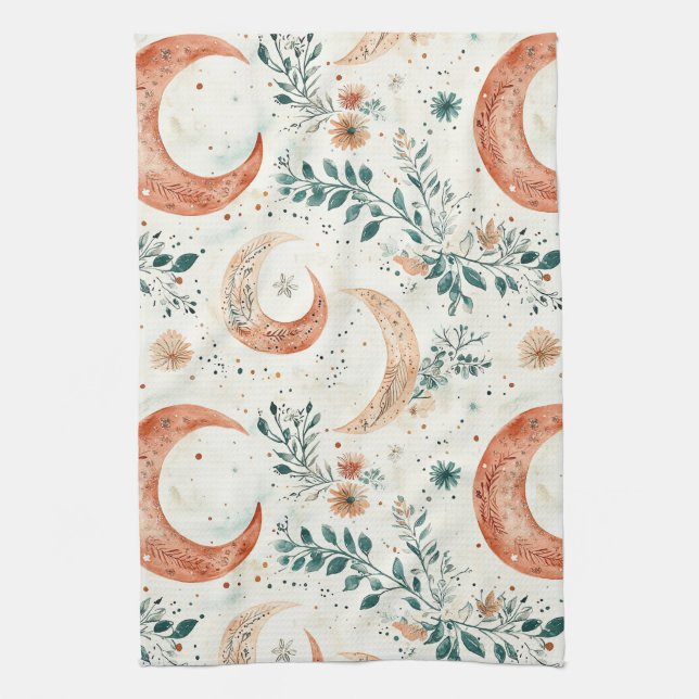 Bohemian Celestial Crescent Moon Botanical Kitchen Towel (Vertical)