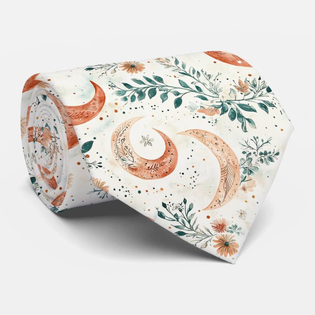 Bohemian Celestial Crescent Moon Botanical Tie (Rolled)