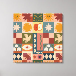 Bohemian Celestial Patchwork with Mystical Symbols Canvas Print