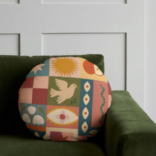Bohemian Celestial Patchwork with Mystical Symbols Round Pillow