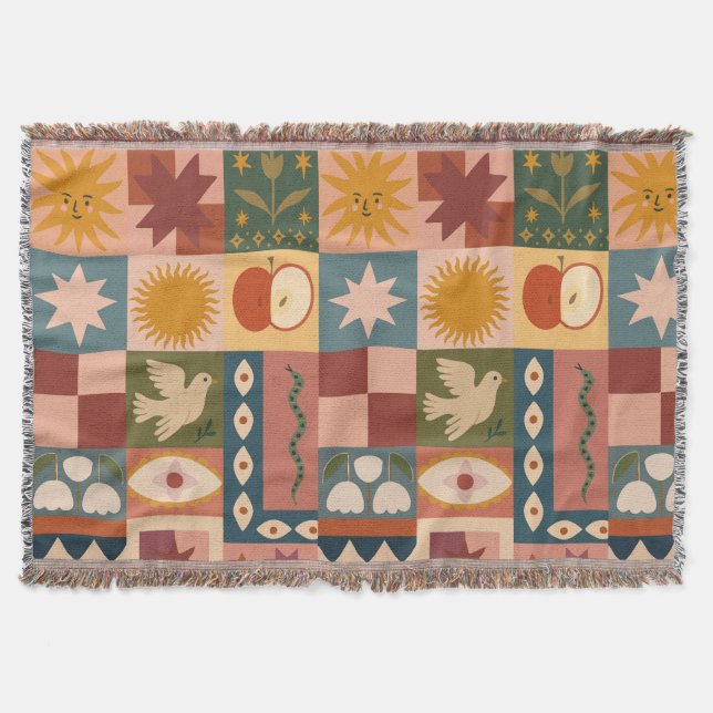 Bohemian Celestial Patchwork with Mystical Symbols Throw Blanket (Front)