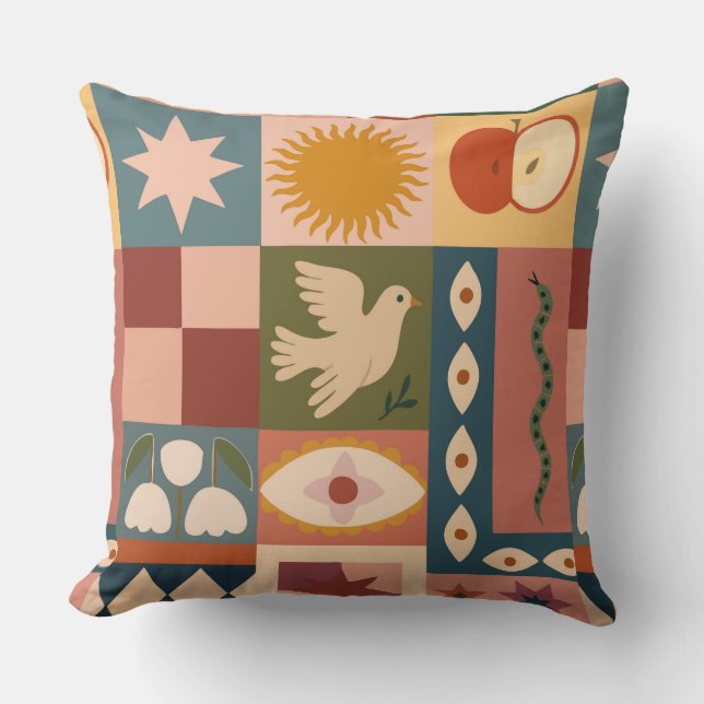 Bohemian Celestial Patchwork with Mystical Symbols Throw Pillow (Front)