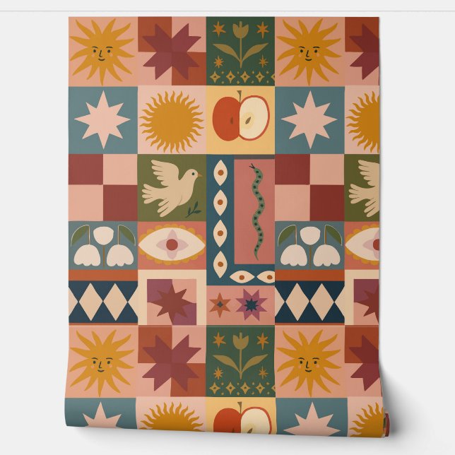 Bohemian Celestial Patchwork with Mystical Symbols Wallpaper (Unrolling)
