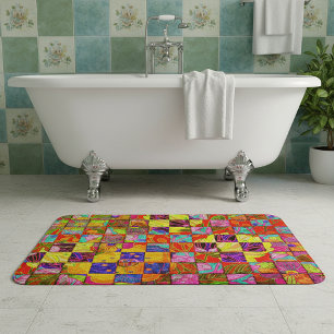 Bohemian chequered floral bath mat