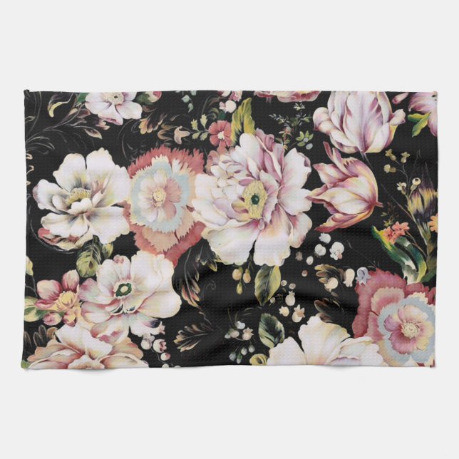 bohemian chic blush pink flowers dark floral kitchen towel (Horizontal)
