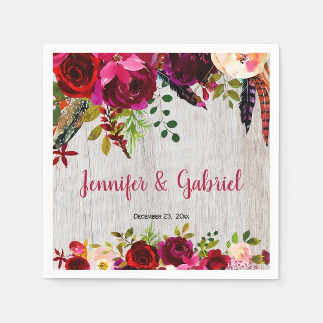 Bohemian Chic Burgundy Marsala Floral Wood Wedding Napkin (Front)